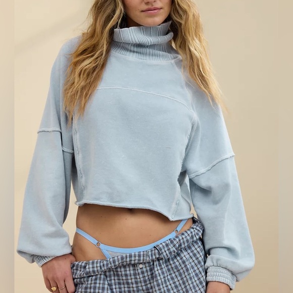 aerie Sweaters - Aerie | New Heights Crop Turtleneck Sweatshirt Blue Cloud Wash